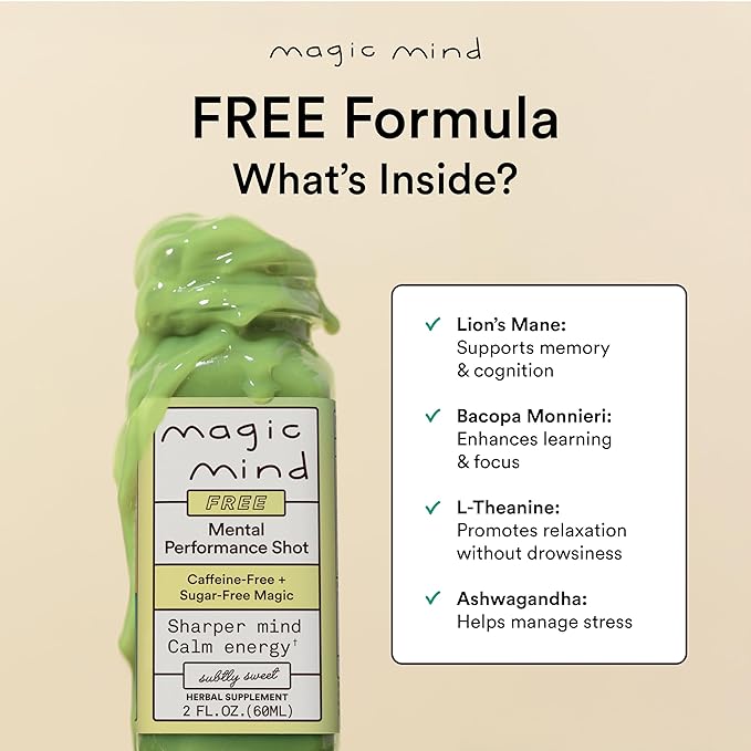 Magic Mind FREE Energy and Focus Drink Shots - Stress Relieving No Jitters Ashwagandha Vitamin B12 Vitamin C Matcha Green Tea Functional Mushrooms Caffeine Free - 2 FL Oz (15 Pack)
