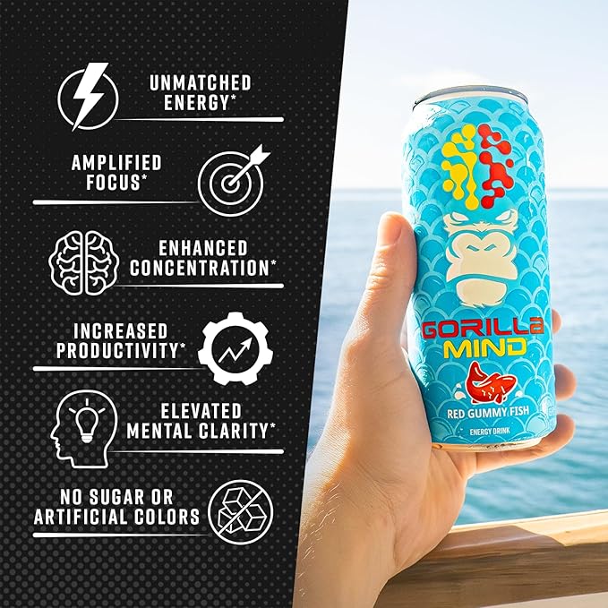 Gorilla Mind Energy Drink | Unmatched Energy · Amplified Focus | N-Acetyl-L-Tyrosine Alpha-GPC 200mg Caffeine Uridine Saffron | 0 Sugar Or Artificial Colors | 16oz 12-Pack (Citrus Rain)