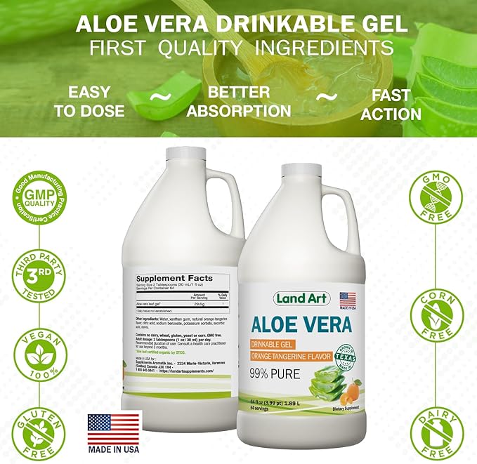 Land Art Pure Aloe Vera Drinkable Gel - Orange Tangerine Flavored - Cold-Processed Inner Filet - from Organic Fresh Leaves from Texas - for Heartburn Relief - Acid Reflux - 64 fl oz
