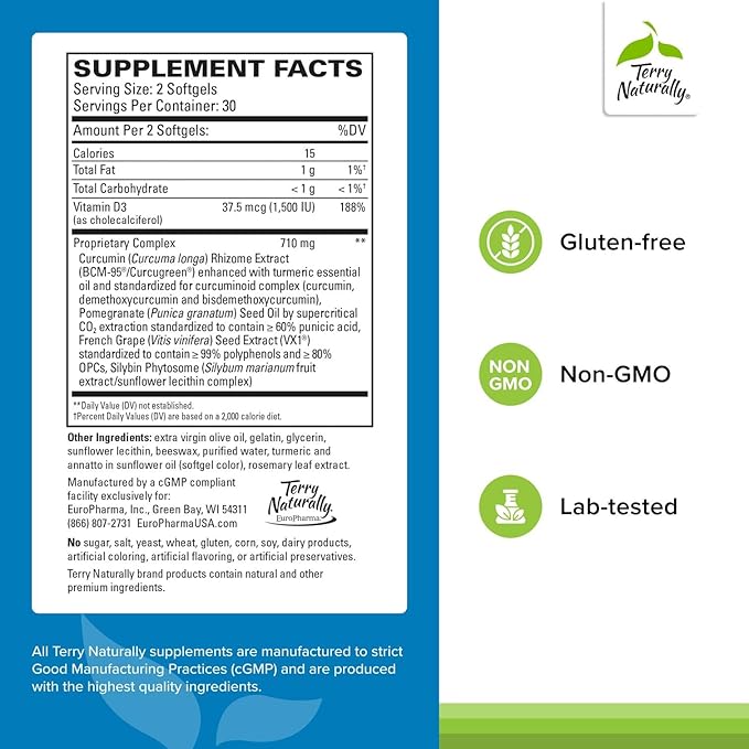 Terry Naturally Healthy PSA Levels - Dietary Supplement for Healthy Prostate &amp Hormone Balance Support - Herbal Supplement with Curcumin Turmeric Essential Oil &amp Grape Seed Extract - 60 Softg