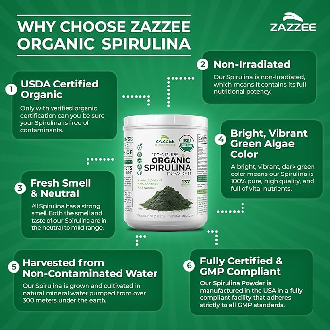 Zazzee USDA Organic Spirulina Powder 16 Ounces (1 LB) 137 Servings Certified Kosher 100% Pure Non-Irradiated Mess-Free Wide Mouth Container Fresh Smell and Neutral Taste Non-GMO Made in USA