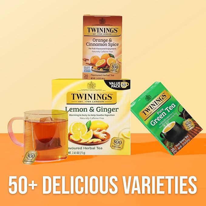 Twinings Orange &amp Cinnamon Spice Herbal Tea Individually Wrapped Bags 20 Count (Pack of 6) Naturally Caffeine-Free Enjoy Hot or Iced 120 Teabags