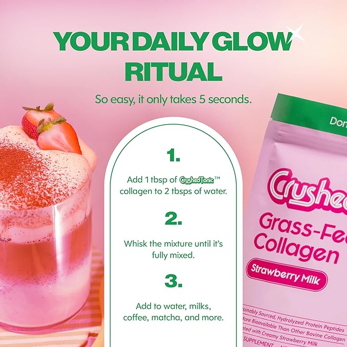 Crushed Tonic Korean Beauty Collagen Powder | Hydrolyzed Bovine Collagen Peptides for Skin Glow Hair &amp Nails | K-Beauty Drink | Gluten-Free Halal &amp Kosher (Strawberry 30 Servings (150 g) P