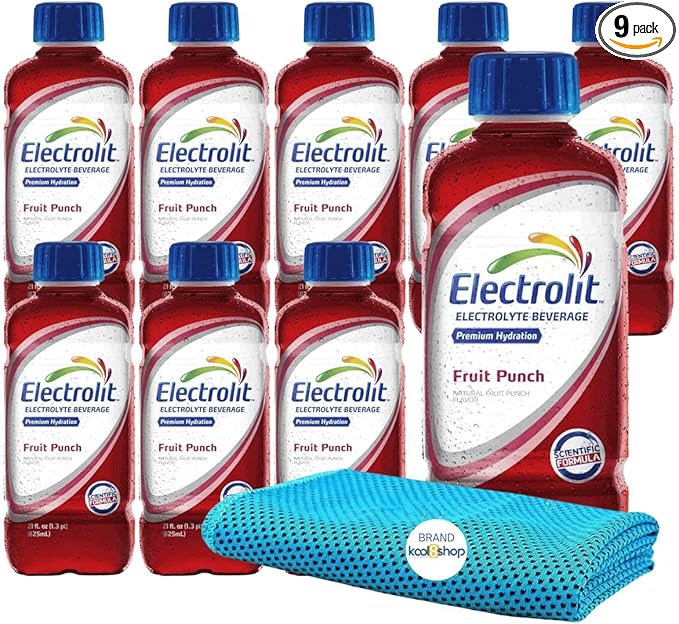 Electrolit Fruit Punch Hydration Drink With Electrolytes 21 fl oz Plastic Bottles 9 Pack + 1 Microfiber Cooling Towel by KOOL8SHOP Infinite Deals