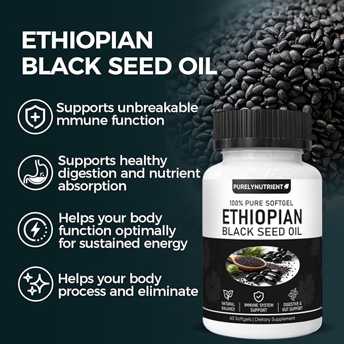 PURELYNUTRIENT Ethiopian Black Seed Oil Capsules with 4.64% Thymoquinone Immune Support &amp Digestion &amp Energy Booster Non-GMO Gluten-Free 120 Count