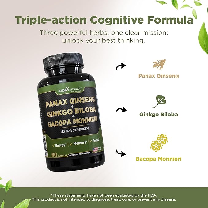 Gade Nutrition Ginkgo Biloba with Ginseng Supplement and Bacopa Monnieri | Brain Supplements for Memory and Focus with panax Ginseng &amp Ginko biloba Capsules - Memory Supplement for Brain