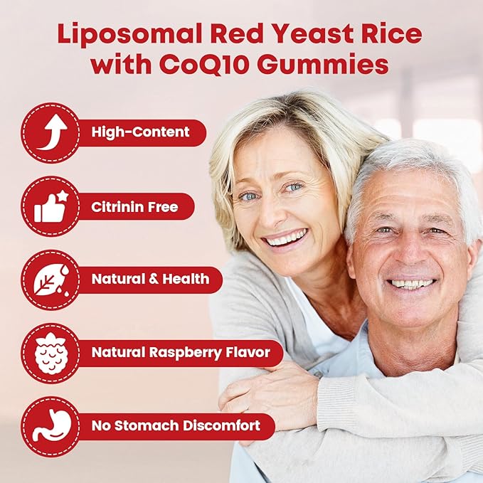 Red Yeast Rice with Coq10 Gummies Red Yeast Rice 2400 mg with CoQ10 200 mg for Cholesterol Lowering Supplements Sugar Free Non-GMO Vegan Heart Health Support – 60 Counts