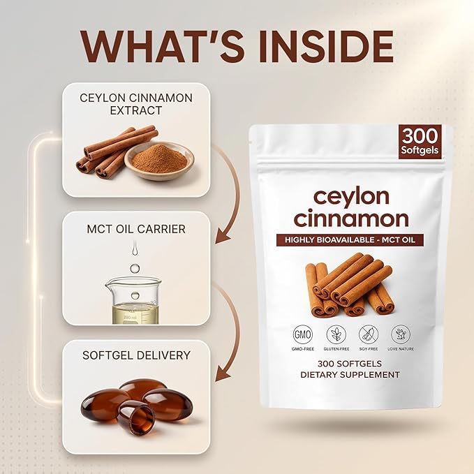 Ceylon Cinnamon Softgels Ceylon Cinnamon Soft Gels 7200mg with MCT Oil Highly Bioavailable Herbal Extract Non-GMO Gluten Free 300 Softgels