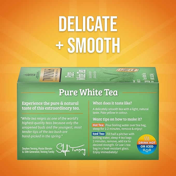 Twinings Pure White Tea Individually Wrapped Bags 20 Count (Pack of 6) Light &amp Fresh Caffeinated Enjoy Hot or Iced 120 Teabags