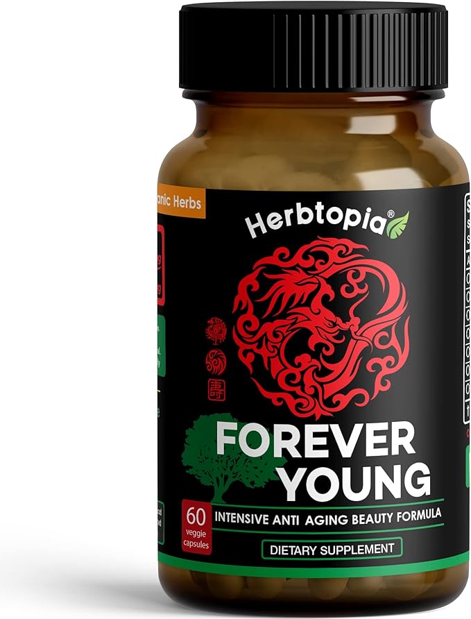 Forever Young Longevity Supplement for Immunity Anti Gray Hair Telomere Lengthening &amp Happy Mood w/Ginseng Astragalus Lions Mane Reishi Mushroom Codonopsis | Organic - 60 Caps