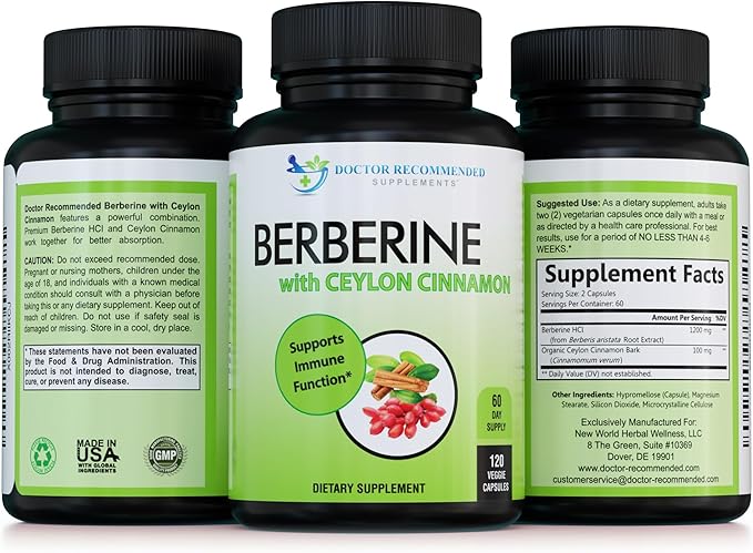 Berberine with Ceylon Cinnamon - 1200mg Berberine &amp 100mg Organic Ceylon Cinnamon - 120 Veggie Capsules Healthy Immune System Cardiovascular Heart &amp Gastrointestinal Wellness (Pack of 2)