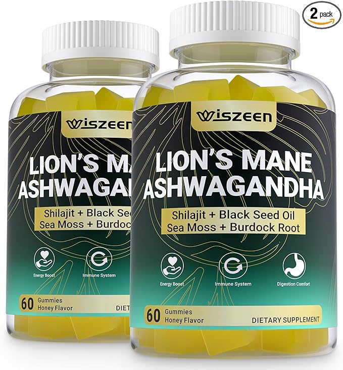 Ashwagandha Gummies - Lions Mane Gummies Ashwagandha Lion's Mane Supplement with Shilajit Sea Moss Black Seed Oil for Adults - Energy Cognitive &amp Immune Support