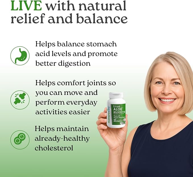 NatureCity True-Aloe Per Serving– Made with Organic Aloe Vera (720 Capsules) Digestive Skin and Joint Support|Small Easy-to-Swallow Pills