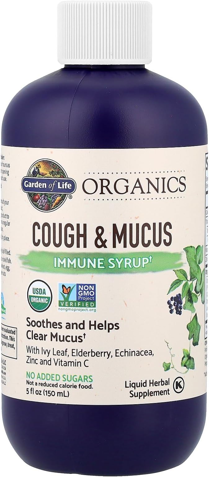 Garden of Life Organics Elderberry Zinc Immune Support for Adults and Kids 12 and Older Organic Cough &amp Mucus Immune Syrup with Ivy Leaf Vitamin C and Echinacea No Added Sugars 5 Fl oz