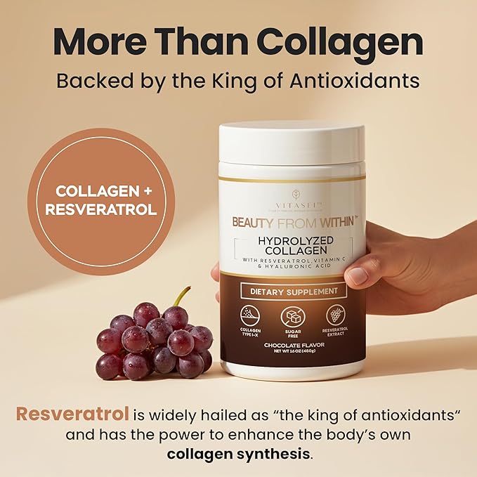 VITASEI Hydrolyzed Collagen Peptides Powder with Resveratrol &amp Vitamin C – Hair Skin Nails &amp Joint Support – Colágeno Hidrolizado for Women &amp Men – Delicious Chocolate Flavor 16 oz (30