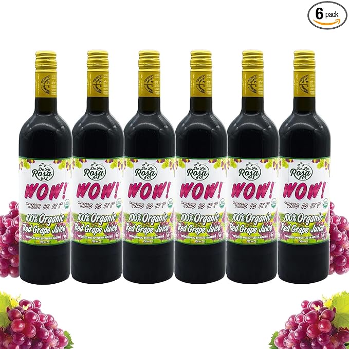 De La Rosa Organic Red Grape Juice Non-GMO Vegan and Gluten-Free Kosher Certified with No Sugar Added No Preservatives or Sulfites Grape Juice 25.4 Oz (Pack of 6)
