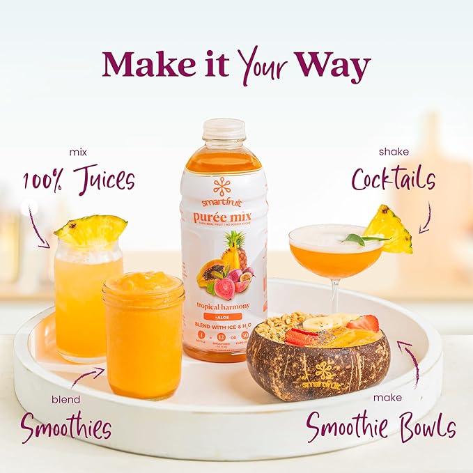 Smartfruit Tropical Harmony + Aloe – 100% Real Fruit Purée with Pineapple Passion Fruit Papaya &amp Guava – Great for Smoothies Juice Yogurt Cocktails Teas &amp More – High in Vitamin A &amp