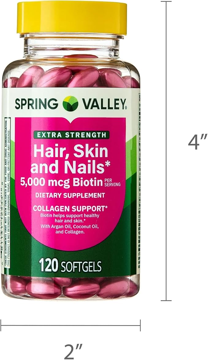 SUREFECT Spring Valley Extra Strength Hair Skin &amp Nails Collagen Support Softgels 5000 mcg Biotin 120 Count + Organizer