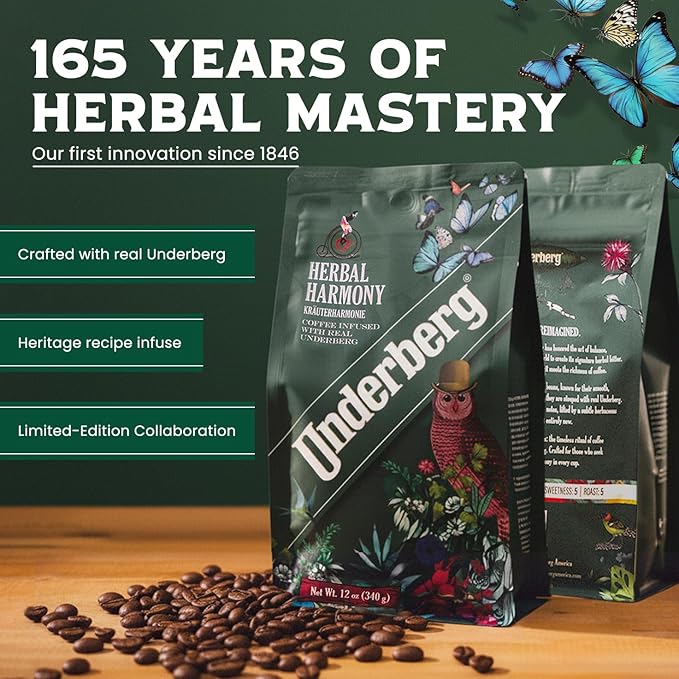 Underberg Herbal Harmony Specialty Coffee 12oz | Sumatran Suka Batek Beans Infused with Real Underberg Bitters | Bold Full-Bodied Flavor with Herbal Notes | Limited Collaboration Roast by Boston Stoke