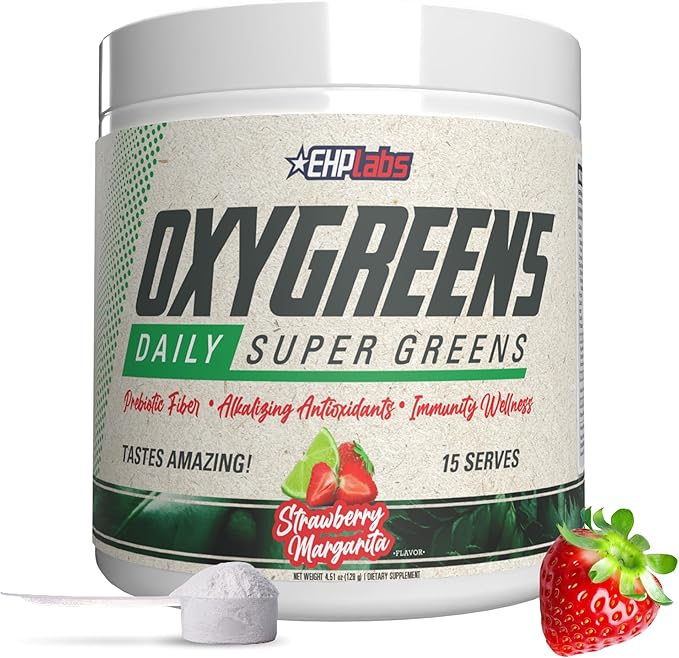 EHP Labs OxyGreens Super Greens Powder with Spirulina &amp Chlorella Prebiotic Fiber Probiotics &amp Digestive Enzymes – Antioxidant Green Superfood Supplement - 15 Serves (Strawb. Margarita)