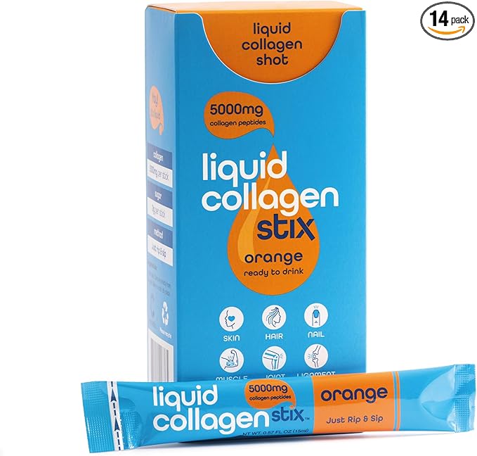Hydrolyzed Liquid Collagen Peptides for Women &amp Men - Grass-Fed Bovine Protein Supplement for Hair Growth Skin and Nails (Pack of 14 Orange)