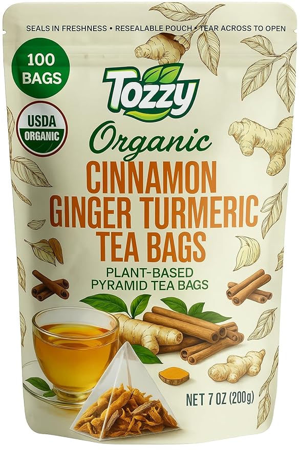 Tozzy Organic TurmericGinger &amp Cinnamon Tea – 100 Count Plant-Based Pyramid Tea Bags