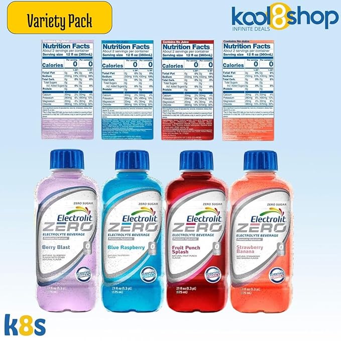 Electrolit Zero Variety Pack Hydration Drink With Electrolytes 21 fl oz Plastic Bottle 9 Pack + 1 Microfiber Cooling Towel by KOOL8SHOP Infinite Deals