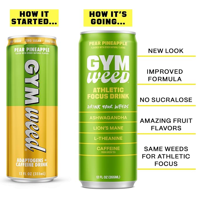 GYM WEED Athletic Focus Drink with KSM-66 Ashwagandha Lion's Mane Mushroom L-Theanine 200mg Green Tea Caffeine with Natural Sweeteners Pear Pineapple Flavor 12 Pack