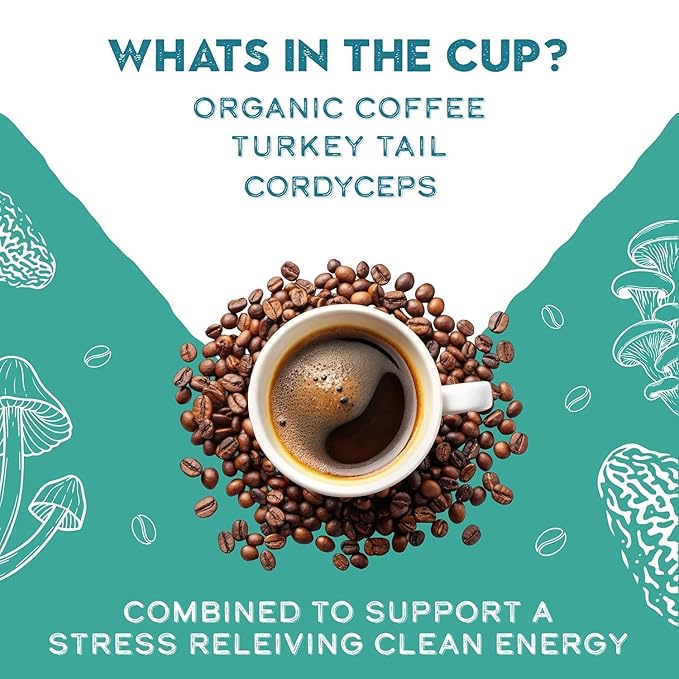 Organic Turkey Tail &amp Cordyceps Mushroom Coffee Dark Roast Antioxidants Immune System Support overall wellness Grade 1 Single Origin Peruvian | 12oz - Ground (2 Pack)