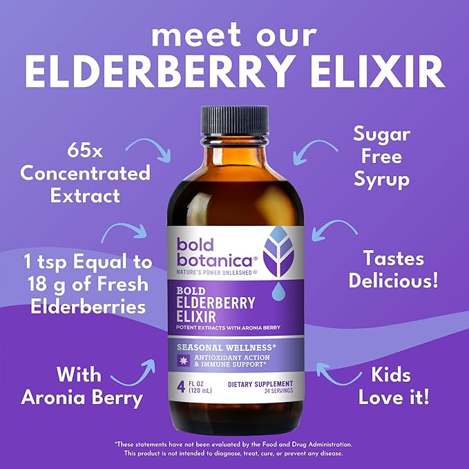 Bold Botanica Elderberry Elixir – 65X Concentrated Extract – Sugar-Free &amp Kid Friendly – Immune Support Elderberry Syrup for Kids &amp Adults with Aronia Berry &amp Monk Fruit – 4 fl oz