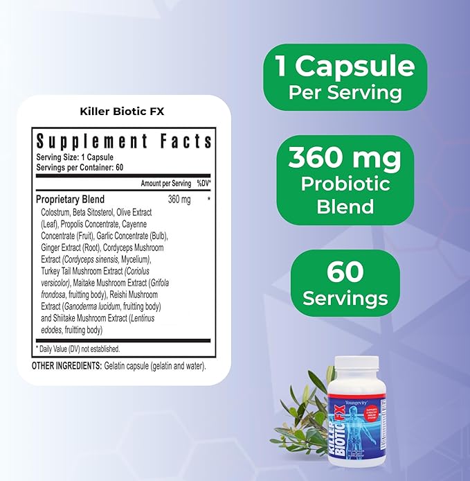 Youngevity Killer Biotic FX - Immune System Support | Sourced from Bee Propolis Mushrooms &amp Colostrum | Natural Immunity Support | 60 Capsules