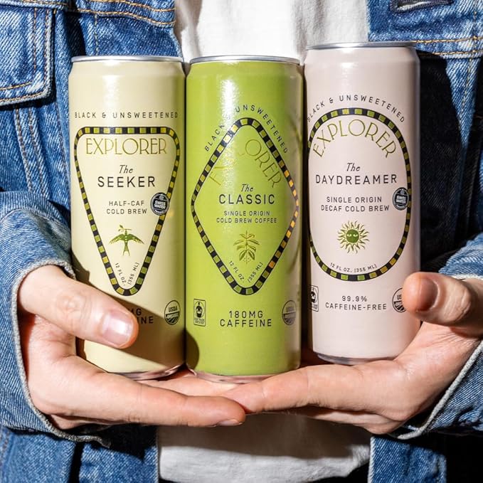 Explorer Seeker Ready-to-Drink Organic Cold Brew Coffee with 65 mg of Caffeine per Serving Black Unsweetened and Fair Trade 12 fl oz (Pack of 12)
