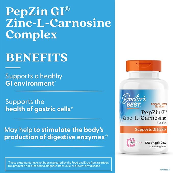Doctor's Best PepZin GI Zinc-L-Carnosine Complex for Men &amp Women - Zinc Carnosine Supplement Caps for Gut Health Digestive Support &amp Stomach Comfort Vegan Gluten Free - 120 Veg Capsules
