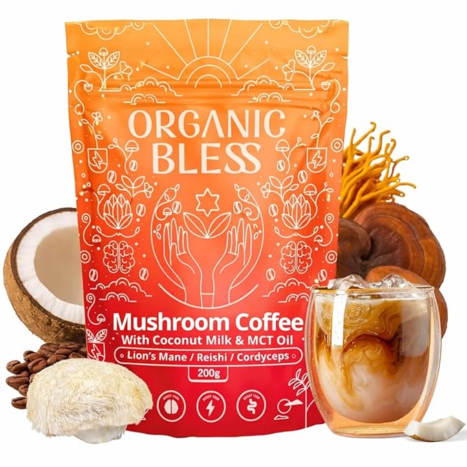 Organic Bless Instant Mushroom Coffee Powder – Organic Lion’s Mane Reishi &amp Cordyceps Blend for Energy Focus &amp Clarity – Adaptogenic Coffee with Coconut Milk &amp MCT Oil – 30 Servings