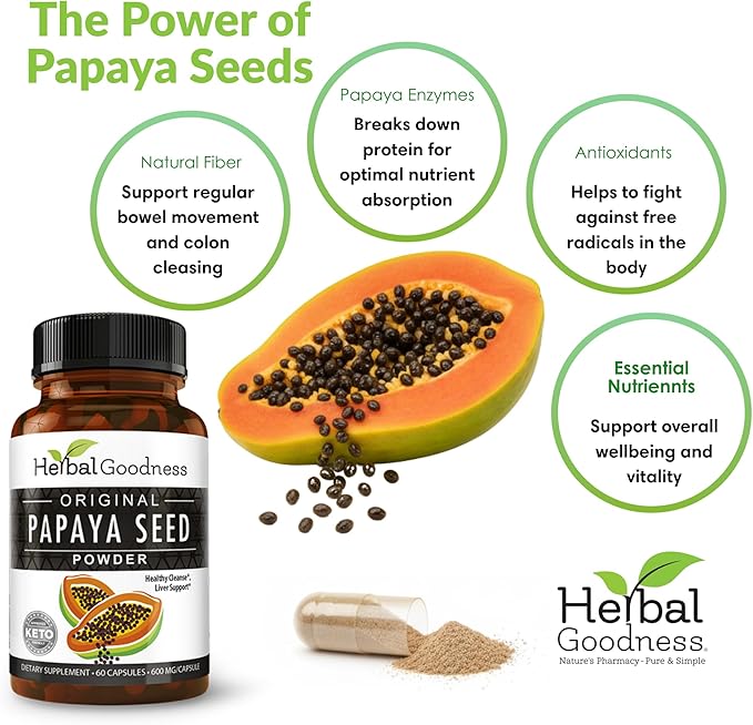 Herbal Goodness Papaya Seeds Powder Capsules - 600mg x 60 Pills Organic Papaya Digestive Enzymes (Papain) | Supports Gut Health Digestion &amp Colon Cleanse Broom 100% Natural Gluten Free Non-GM