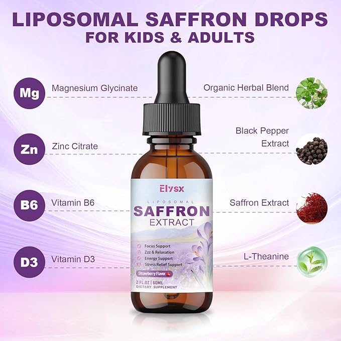 Liposomal Saffron for Kids &amp Adult Organic Saffron Extract Liquid Drops with Holy Basil Rosemary L-Theanine for Stress Focus Energy Support Eye Health Vegan Strawberry Flavor 2 FL OZ
