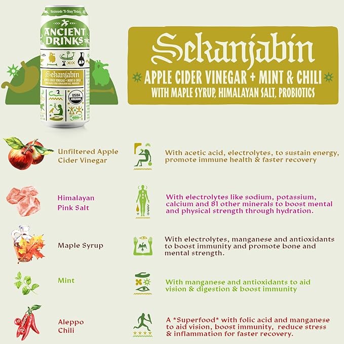 ANCIENT DRINKS Sekanjabin Apple Cider Vinegar Hydration Drink – Organic Electrolyte ACV Beverage with Probiotics – Ancient Persian Inspired Mint &amp Honey Vinegar Drink – 16 oz Cans 12 Pack