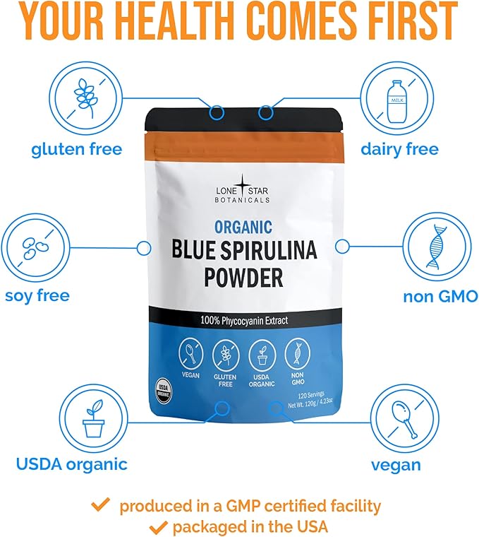 Organic Blue Spirulina Powder 120 Servings - 100% Pure Superfood Blue-Green Algae Natural Food Coloring for Smoothies &amp Protein Drinks - Non GMO Gluten-Free Vegan + USDA Certified No Fishy Sm