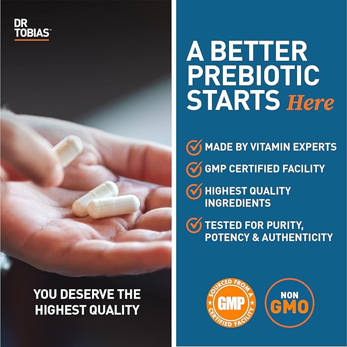 Dr. Tobias Prebiotics Digestive Support Advanced Prebiotic Supplement for Gut Health Immune Function &amp Boost for Probiotics for Women &amp Men Vegan Non-GMO 60 Capsules 60 Servings