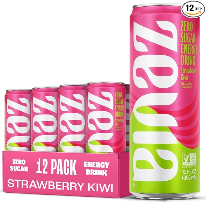 Zevia Zero Sugar Energy Drink Strawberry Kiwi 12 oz Cans (12-Pack) – Naturally Sweetened Zero Calorie Sugar Free Energy - Non-GMO Project Verified Gluten-Free Vegan