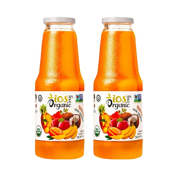 IOS Love Organic Juice - USDA Organic Certified - Cold Pressed No Added Sugar No Water No Artificial Colors No Preservatives No Flavors Added No Gluten - 33.8 Fl Oz (Tropical Pack of 2)