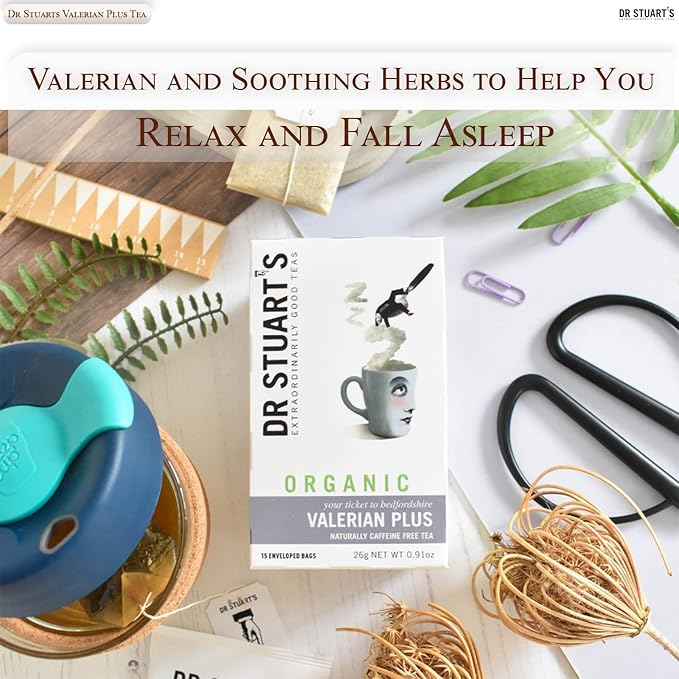 Dr Stuart's Organic Valerian Plus Tea 60 Teabags (15 Bags x Pack of 4) | Herbal Blend of Chamomile Valerian Root &amp Fennel | Bedtime Tea Helps in Restful Sleep &amp Relaxation | Naturally Caffein