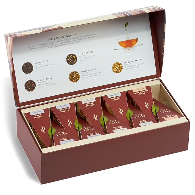 Tea Forte Premium Petite Presentation Box Gift Set Sampler 10 Count 2 of Each Blend Individually Wrapped Handcrafted Pyramid Infuser Bags Frank Lloyd Wright Tea