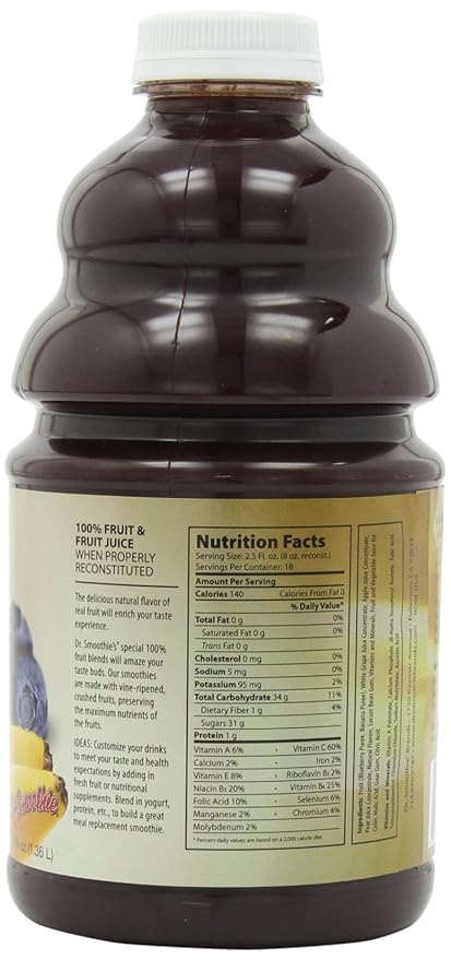 Dr. Smoothie 100% Crushed Fruit Smoothie Blueberry Banana 46-Ounce Bottles (Pack of 2)