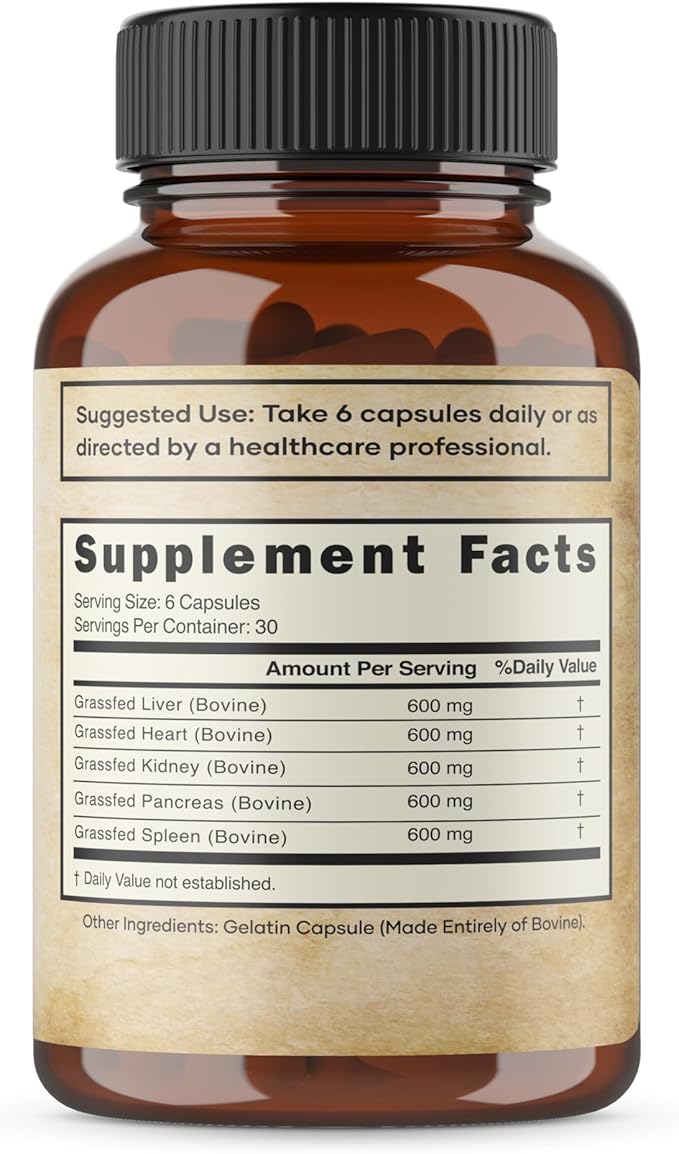 100% Grass Fed &amp Finished Beef Organ Supplement (Liver Heart Kidney Pancreas Spleen) Freeze-Dried Beef Non-GMO 180 Capsules