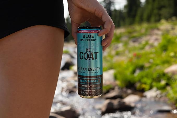 BeGOAT Clean Energy | Blue Raspberry Zero Sugar | 6 Ingredients Plant-Based Zero Sugar Non-GMO Vegan | 200mg Natural Caffeine | 12 fl oz Cans (Pack of 12)