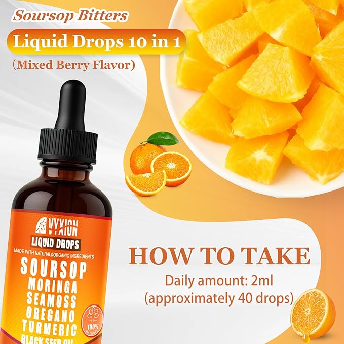 Soursop Bitters Liquid Drops 10 in 1 with Sea Moss Moringa Turmeric Black Seed Oil Oregano Ashwagandha | Herbal Extracts for Overall Health-Enhancing | Vegan Non-GMO | 2 Fl Oz (Orange flavor)