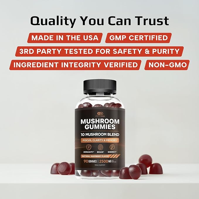 Effective Nutra Mushroom Gummies 2500mg - 10in1 Lion’s Mane Reishi Chaga Cordyceps &amp More - Focus Clarity Memory Immunity Energy - Natural Raspberry Flavor Vegan Made in USA (90 Count)