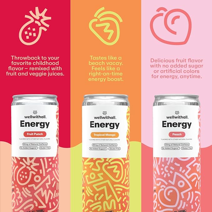 WellWithAll Energy Drink Variety Pack Fruit Punch Tropical Mango Peach Flavors Caffeine from Tea With Vitamin C Lightly Sparkling Beverage Juice Blend 12 oz 12-Pack