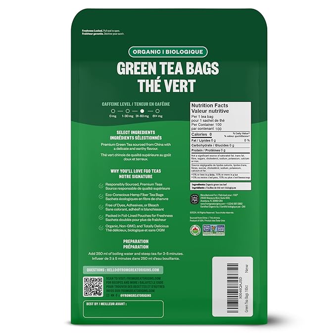 FGO Organic Green Tea 100 Count Eco-Conscious Tea Bags Caffeinated Resealable Pouch Packaging May Vary (Pack of 1)